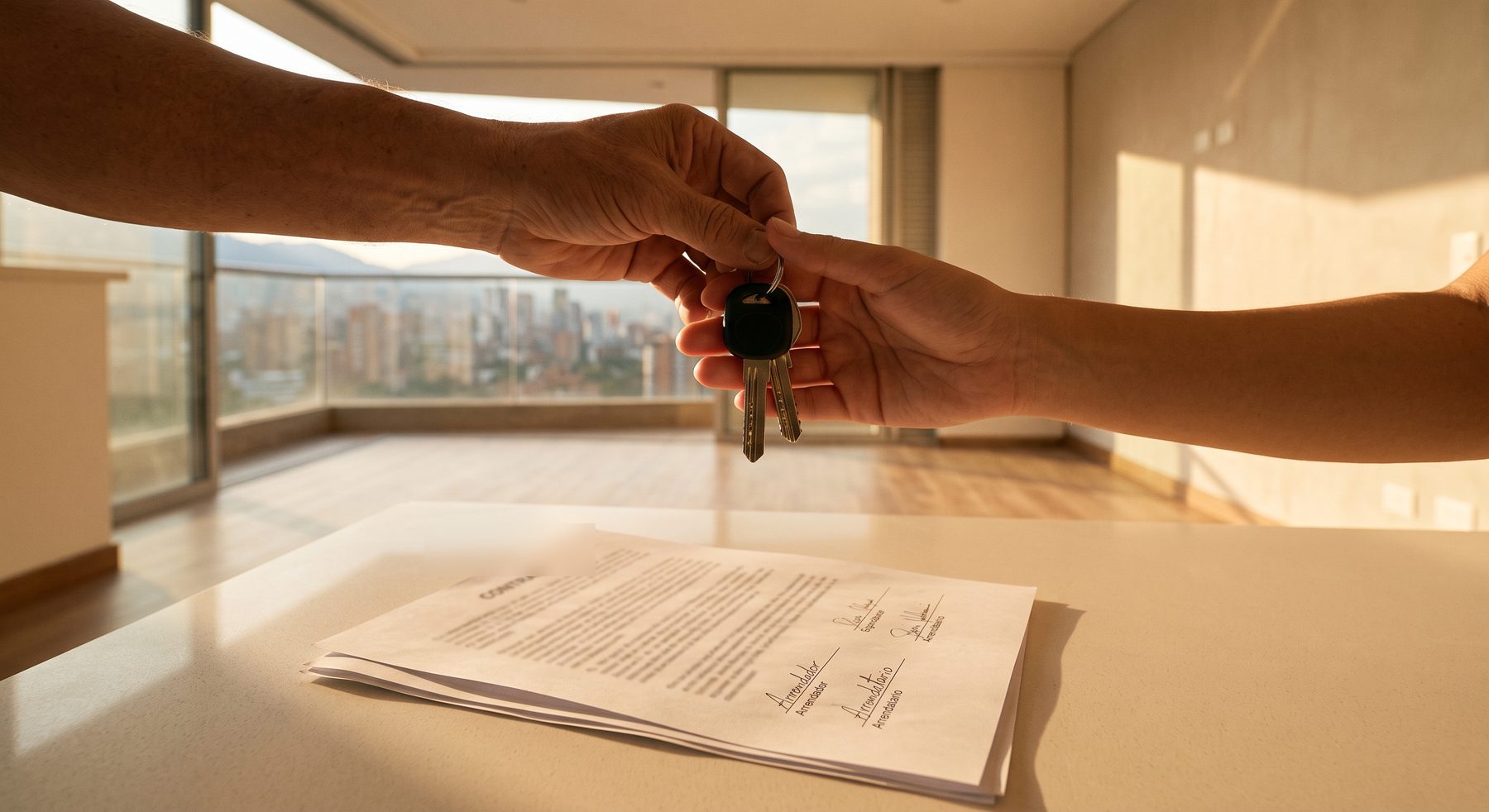 Dos manos intercambiando llaves de un apartamento sobre un contrato firmado