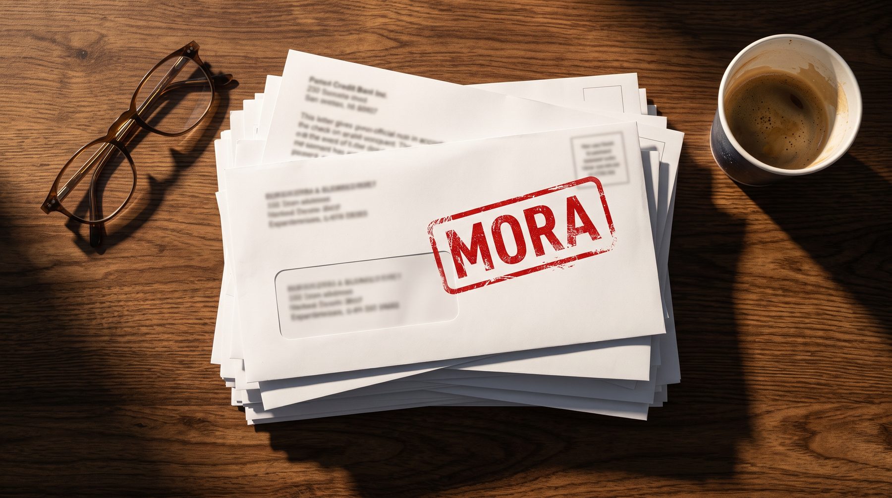 Pila de cartas de cobro con un sello rojo de mora sobre una mesa de madera